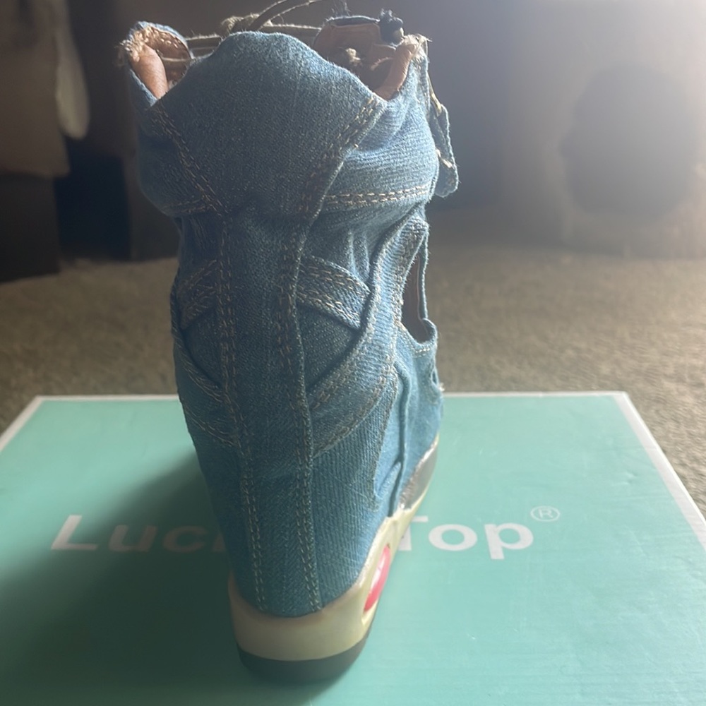 Lucky Top Denim Lace Up Wedges Size 36 - Picture 5 of 6